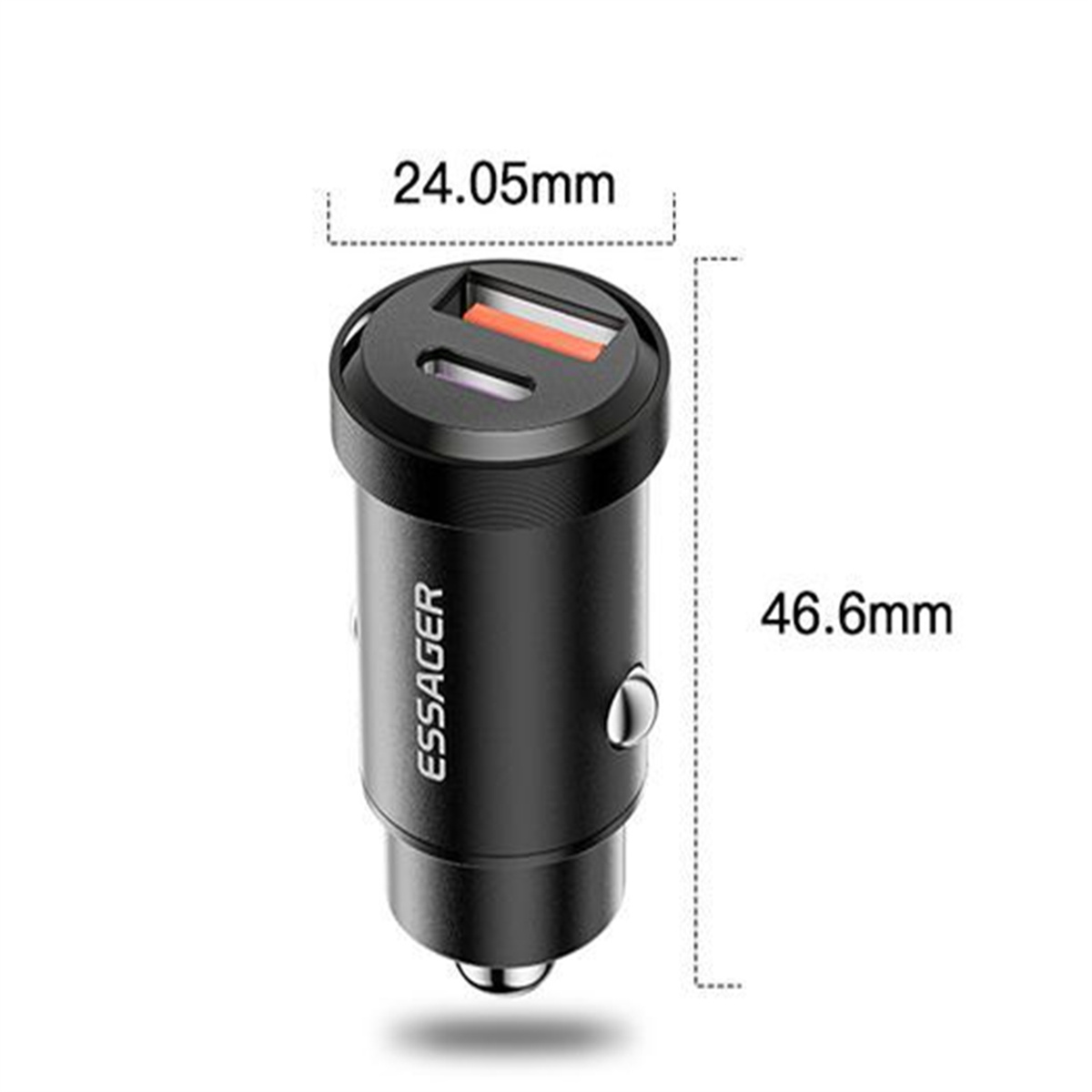 Schwarzes ESSAGER-Autoladegerät. USB-Anschlüsse sind sichtbar. Abmessungen sind 24,05 mm x 46,6 mm.