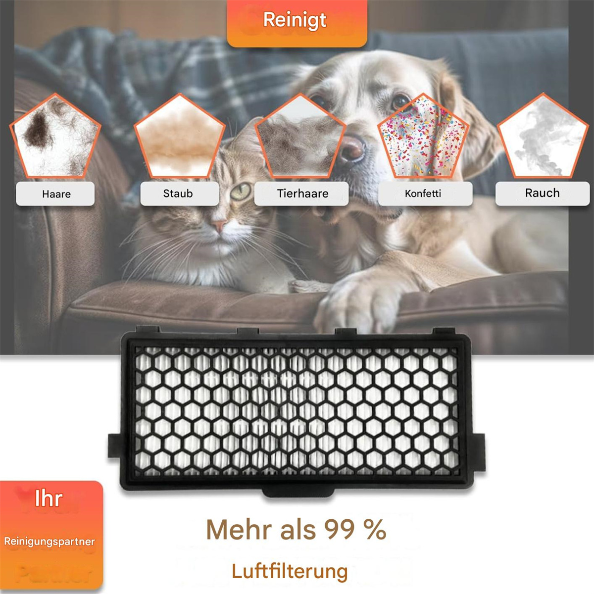 Diagramm, das zeigt, wie ein Luftfilter Tierhaare, Staub und Rauch entfernt, mit einem Filter darunter.