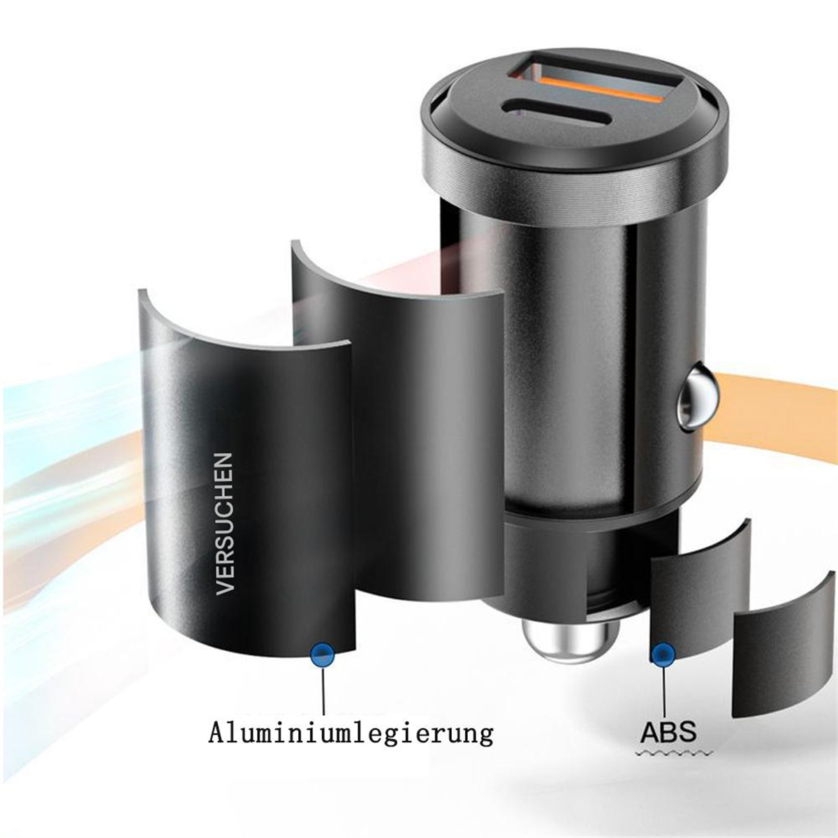 Ein schwarzes Autoladegerät mit USB-Anschlüssen, seine internen Komponenten sind beschriftet.