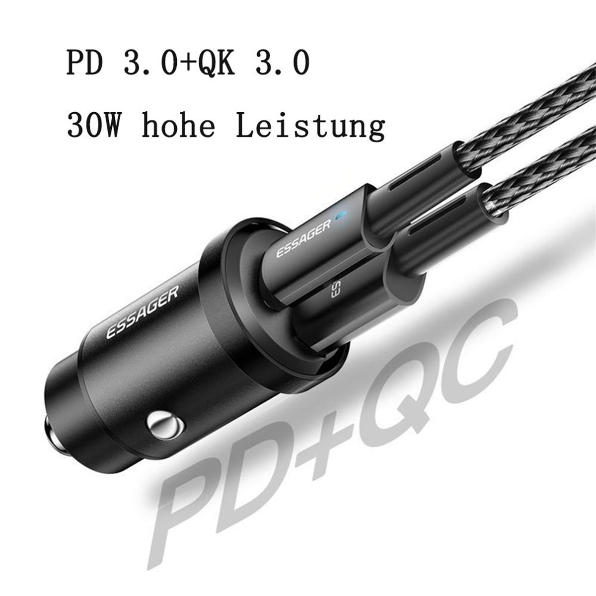 Ein schwarzes Autoladegerät mit zwei Kabeln, mit dem Text „PD 3.0+QC 3.0“ und „30W hohe Leistung“ oben.