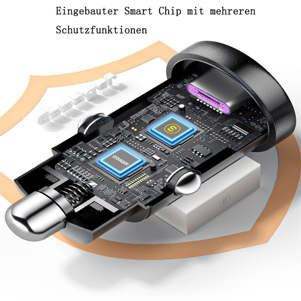 Ein Ladegerät mit Smart-Chip und mehreren Schutzfunktionen, Text auf Deutsch.