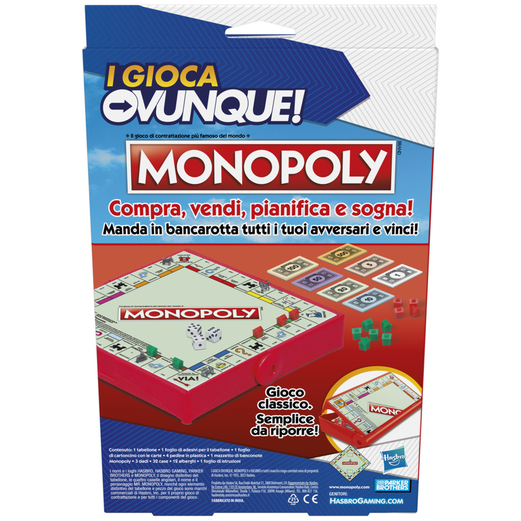 Eine Monopoly-Brettspielbox. Die Box ist rot und zeigt das Spielbrett und andere Komponenten.