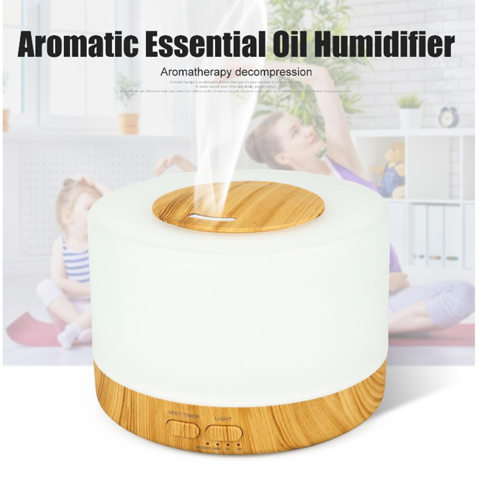 Aromatischer ätherischer Öl-Luftbefeuchter, weiß und Holz, mit Text und unscharfem Hintergrund.