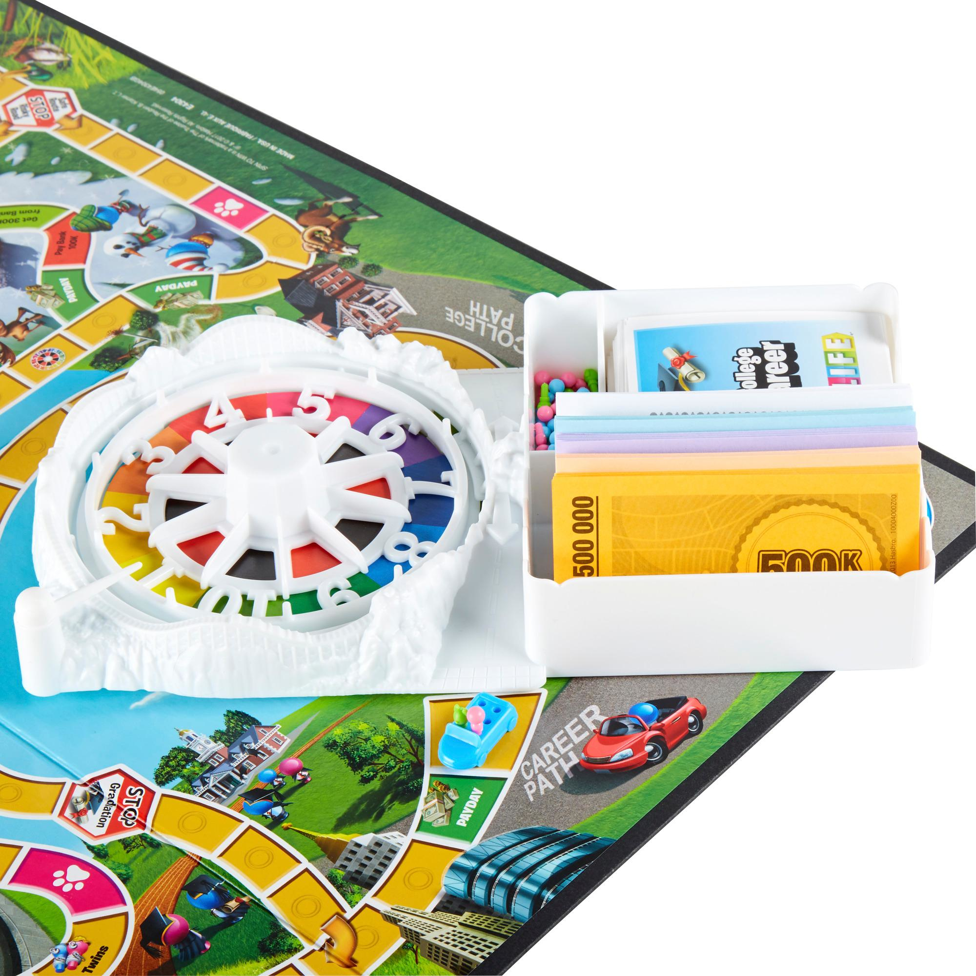 Ein Brettspiel-Setup zeigt das Spielbrett, einen Spinner, Karten und ein rotes Spielzeugauto.