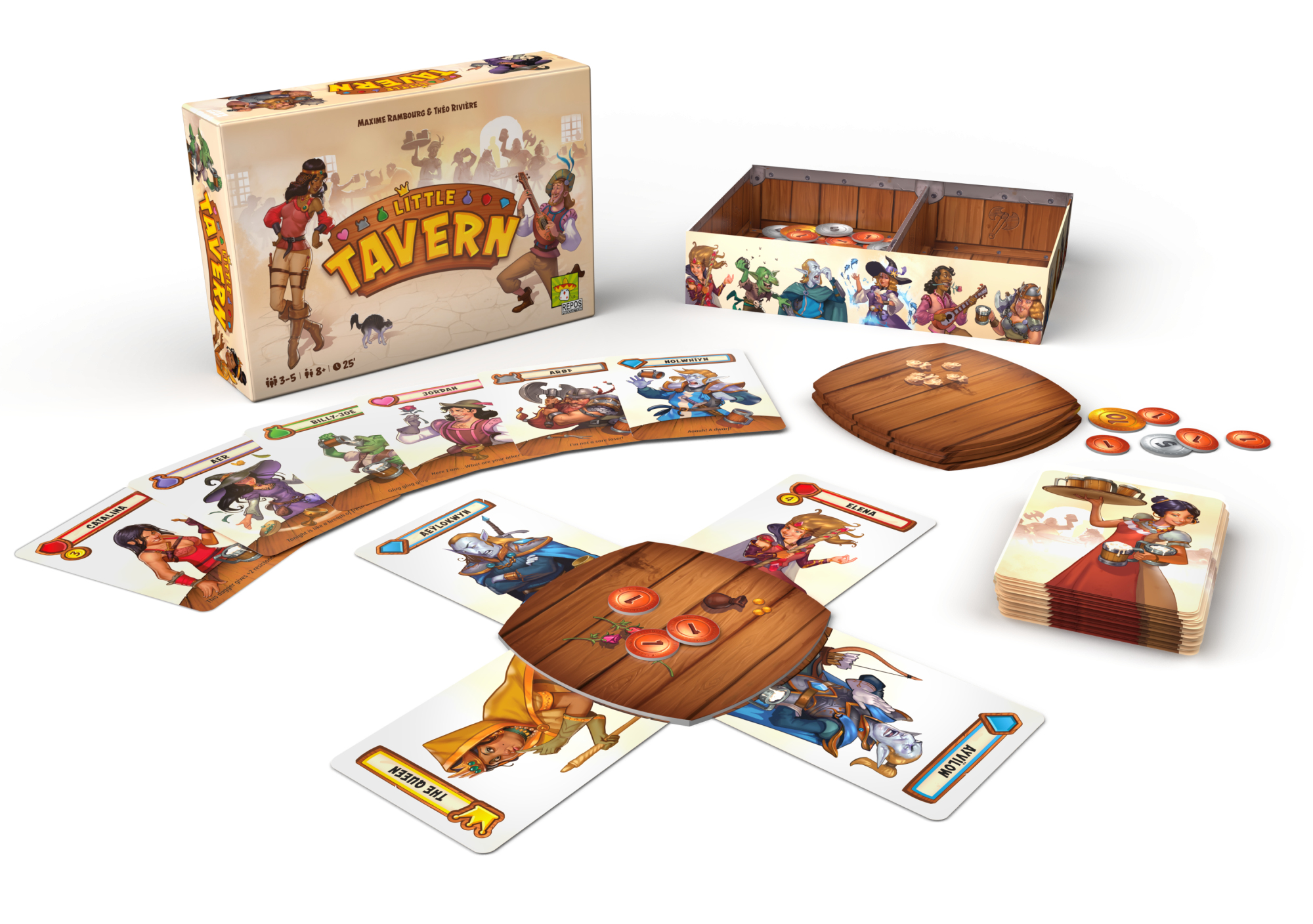 Brettspielbox mit verschiedenen Komponenten: Karten, Holzdeckel, Charakterkarten und Spielsteine. Weißer Hintergrund.