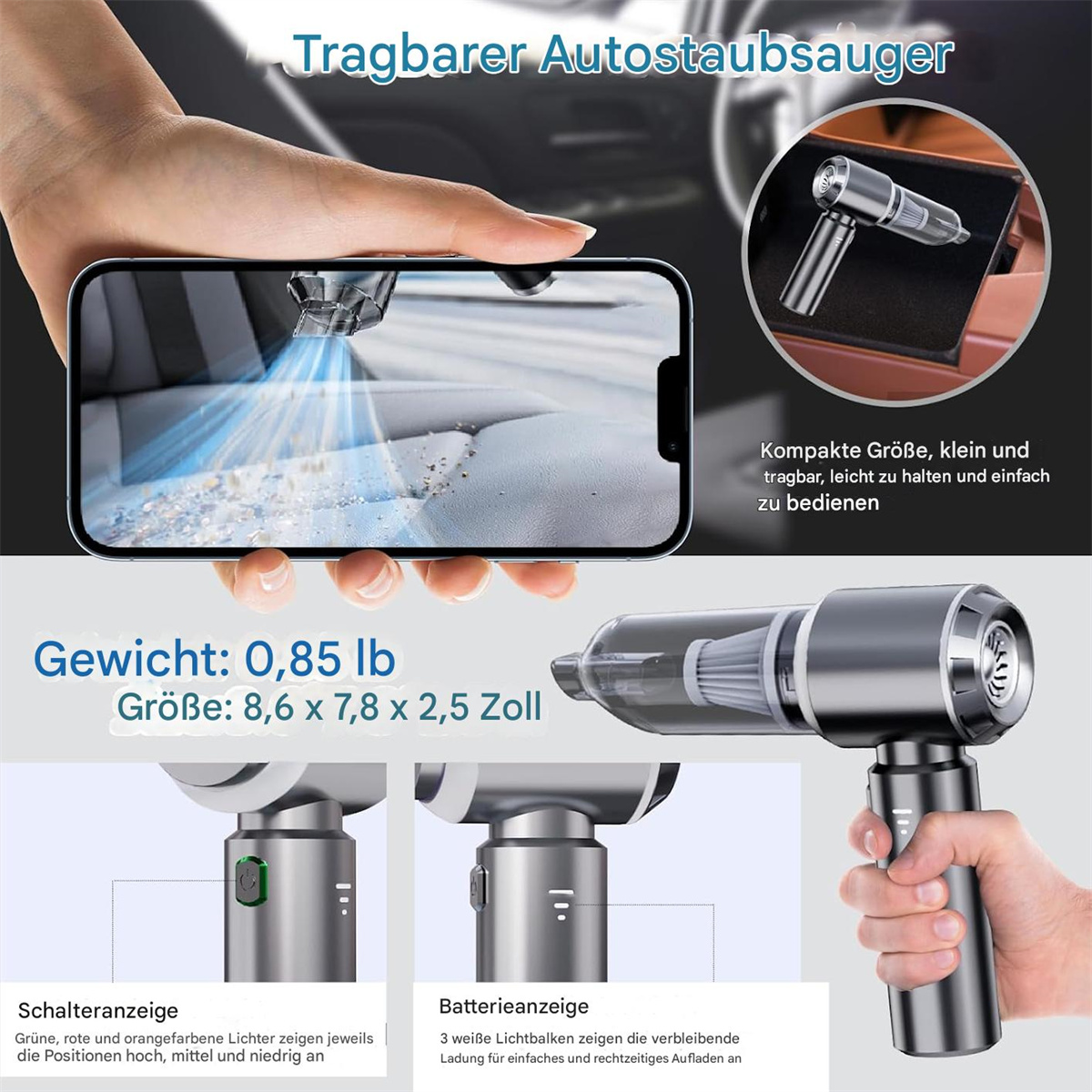 Handstaubsauger mit Gewichts- und Größenangaben.