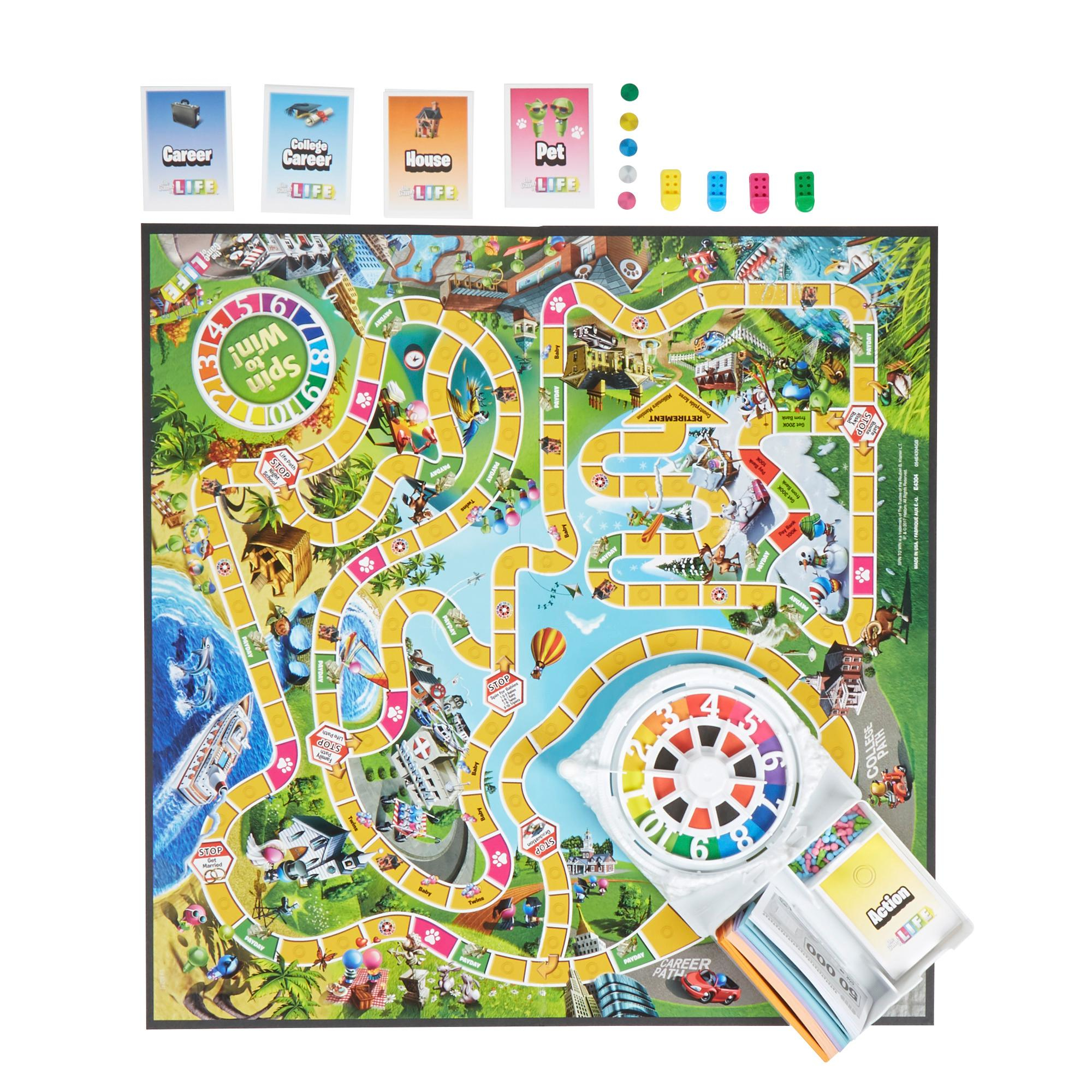Das Spiel des Lebens Brettspiel. Karten und Spielsteine sind auf dem Spielbrett sichtbar.
