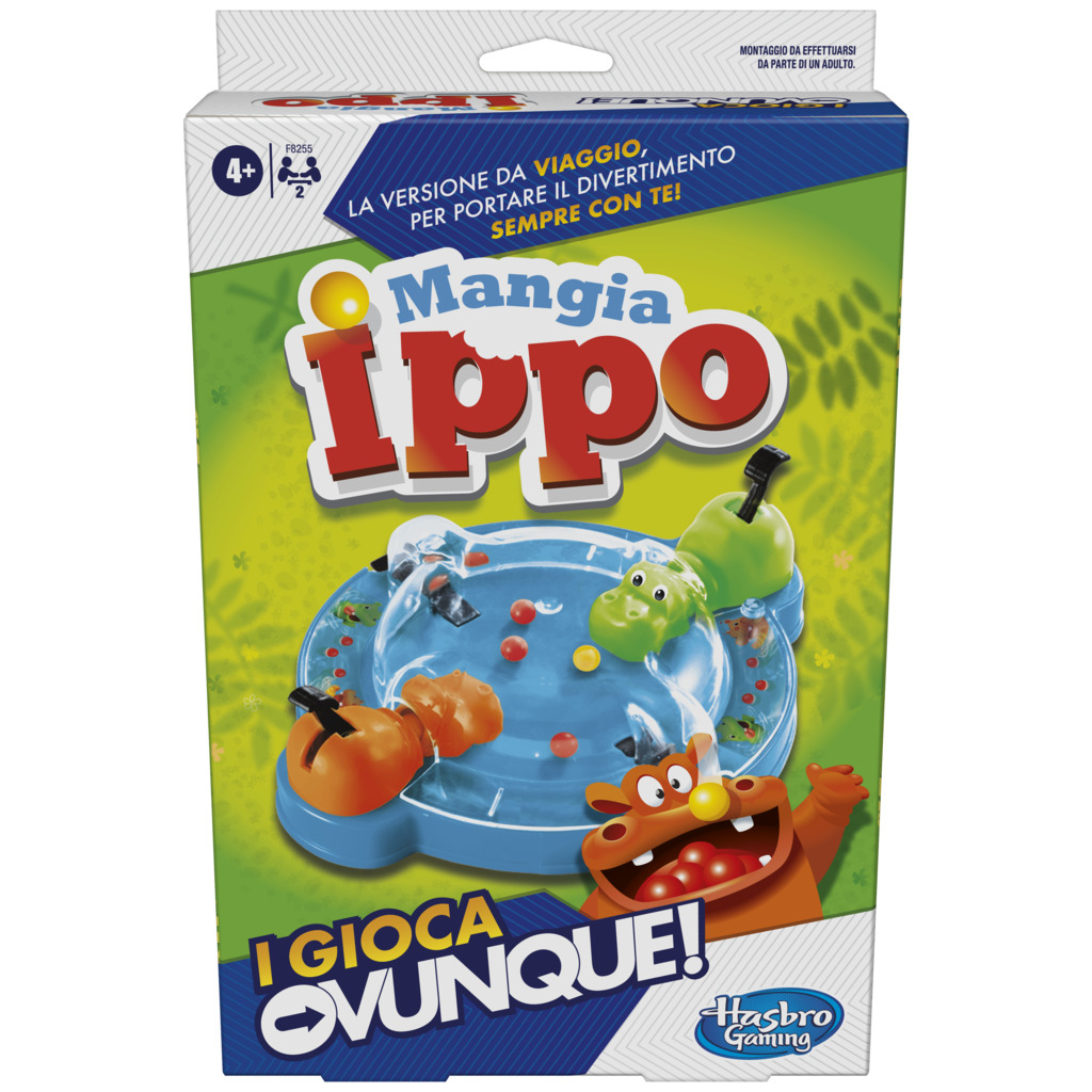 Eine Spielbox mit einem Cartoon-Nilpferd auf der Vorderseite. Die Box ist blau und orange mit grünen Akzenten.