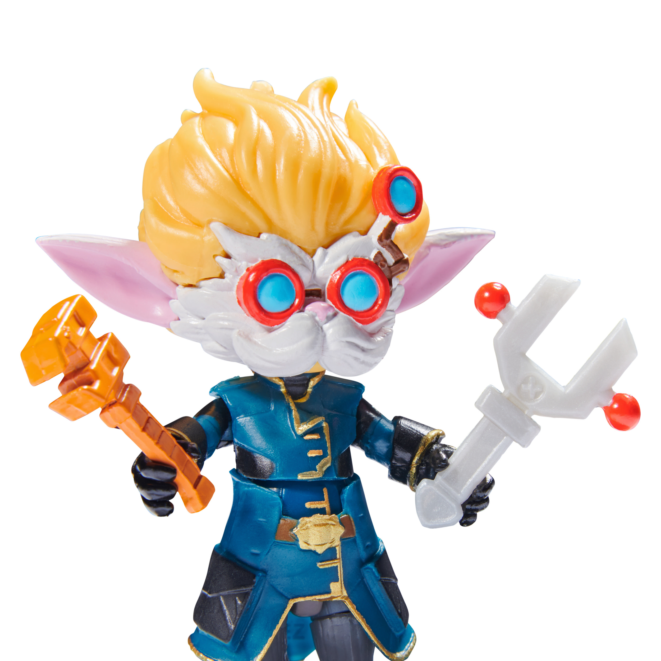 Eine Spielfigur eines gnomeartigen Charakters mit Werkzeugen, der blaue und gelbe Kleidung und eine Brille trägt.