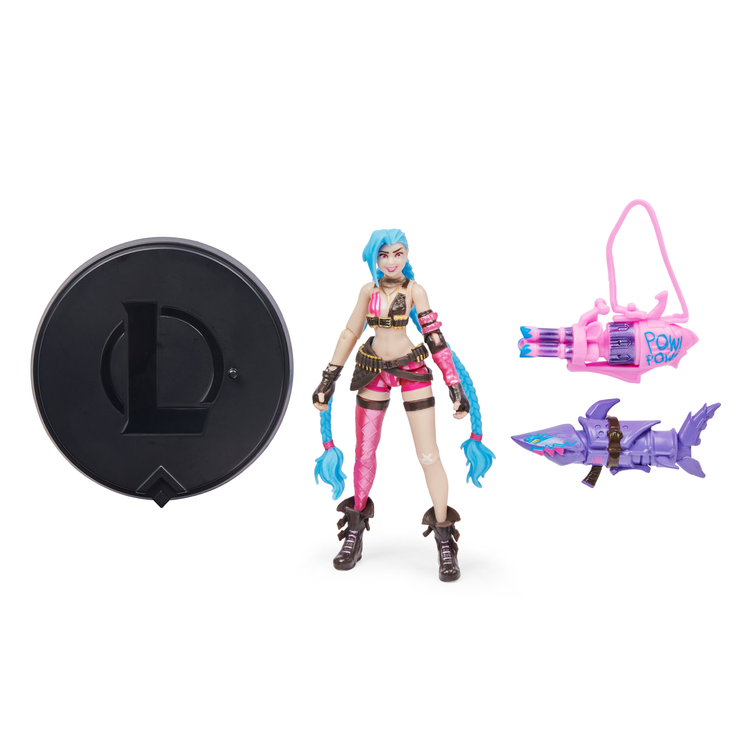 Eine Jinx-Figur aus dem Spiel League of Legends, mit Zubehör wie Waffen und einer Basis.