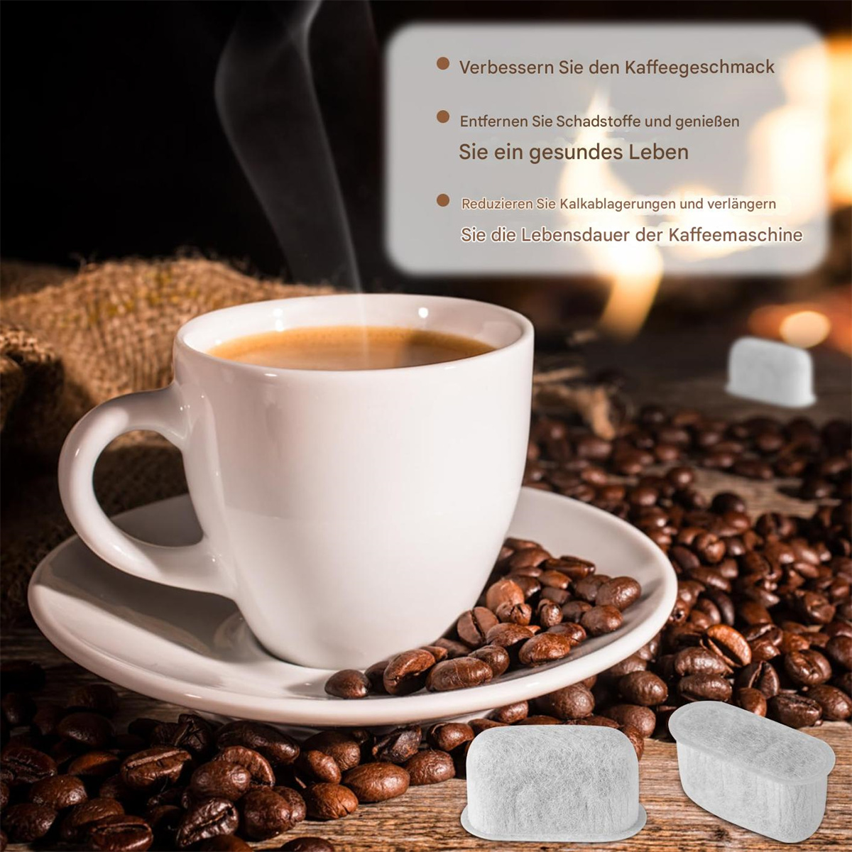 Weiße Kaffeetasse auf Untertasse mit Kaffeebohnen. Text über Verbesserung des Kaffeegeschmacks, Entfernung von Verunreinigungen und Verlängerung der Lebensdauer.