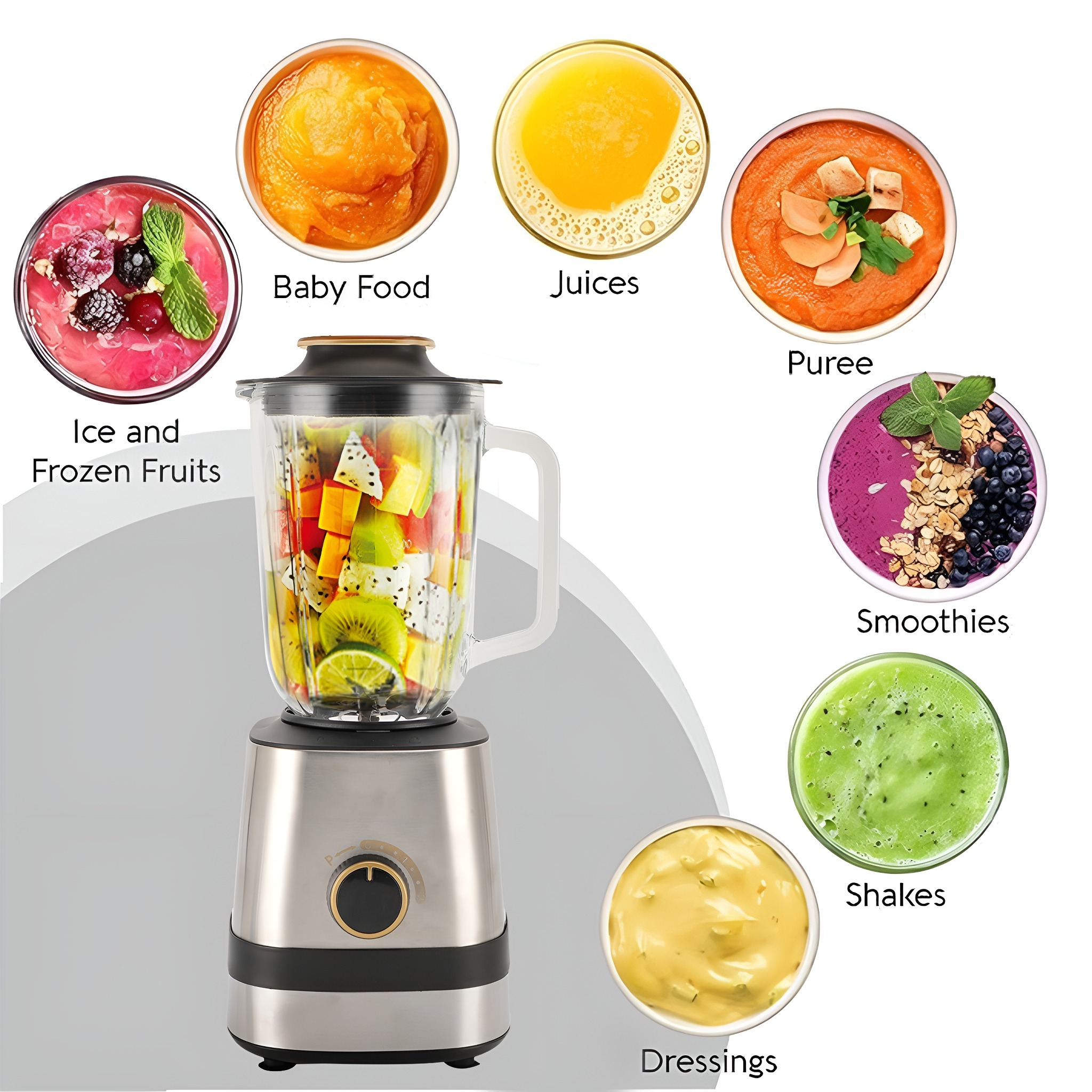 Mixer mit Zutaten und beschrifteten Schalen mit Früchten, Säften, Pürees, Smoothies, Shakes und Dressings.