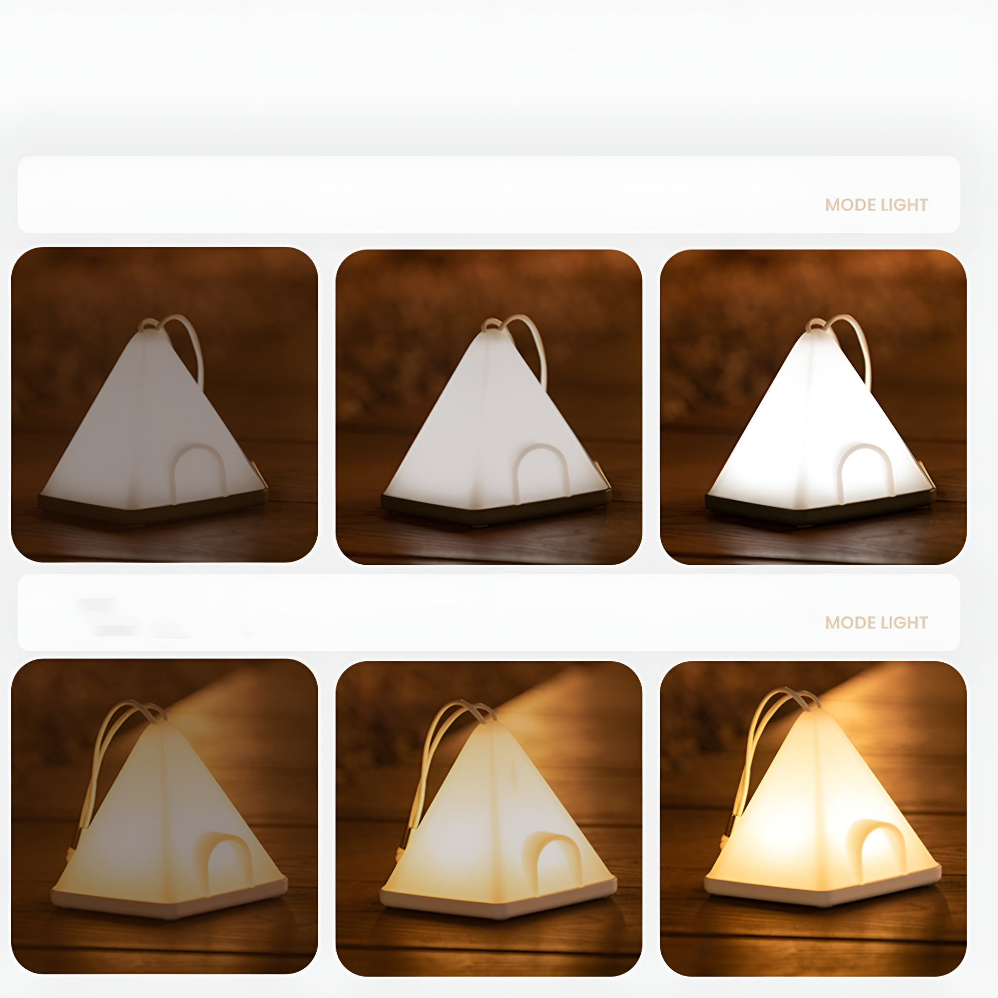 Mehrere Bilder einer zeltförmigen Lampe mit verschiedenen Lichteinstellungen auf einer Holzoberfläche.