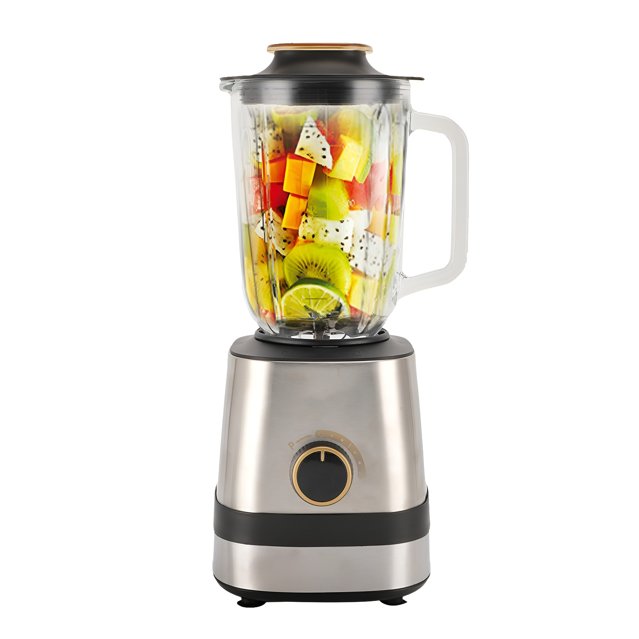 Mixer mit einem Glasbehälter voller Früchte und einem Edelstahlfuß.