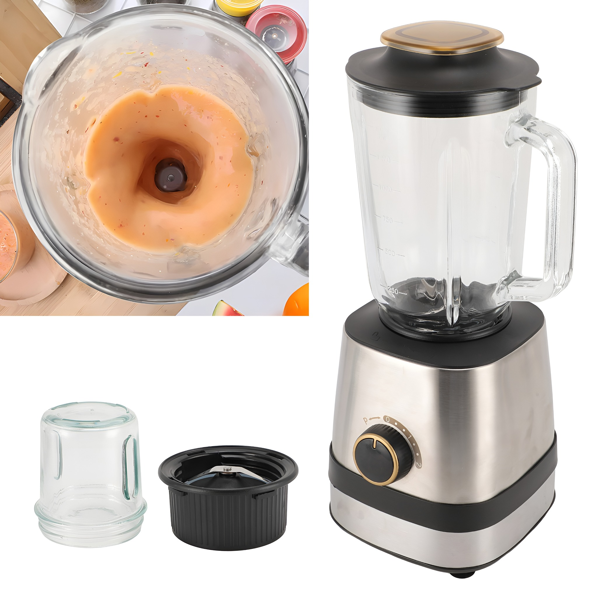 Ein Mixer mit einem Glaskrug, einem separaten Glasbehälter und einer schwarzen Klingenbaugruppe. Der Inhalt erscheint orange.