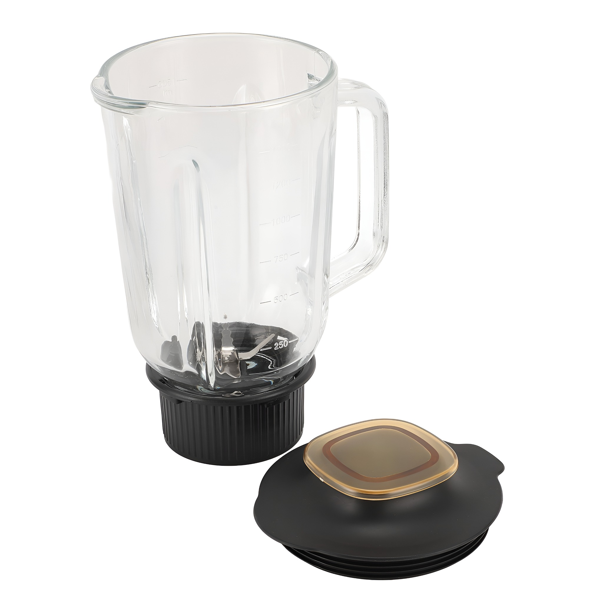 Ein Glas-Mixerbehälter mit schwarzem Boden und Deckel sowie einem separaten Deckel.