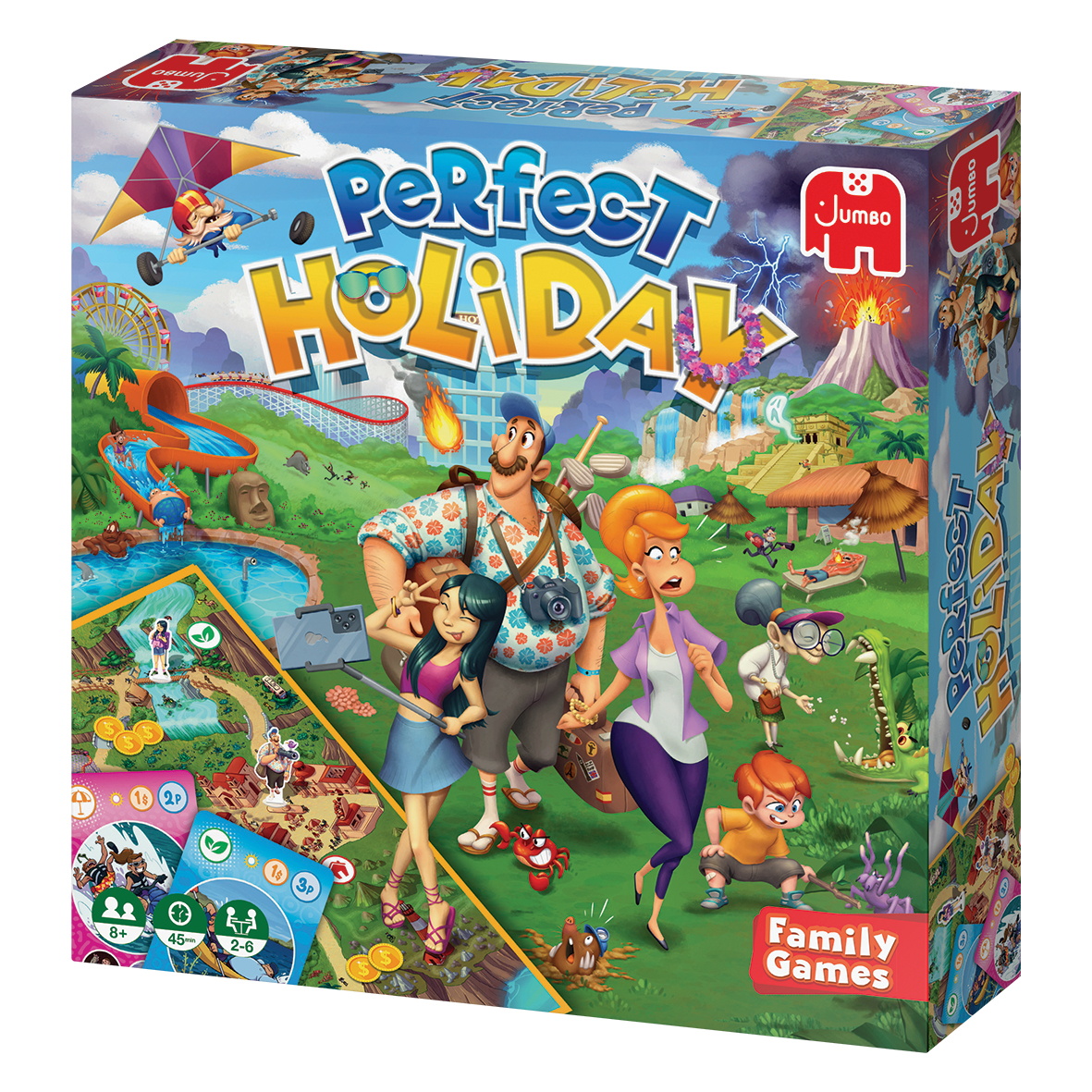 Pudełko gry planszowej z ludźmi z przodu. Tytuł to 'Perfect Holiday'.