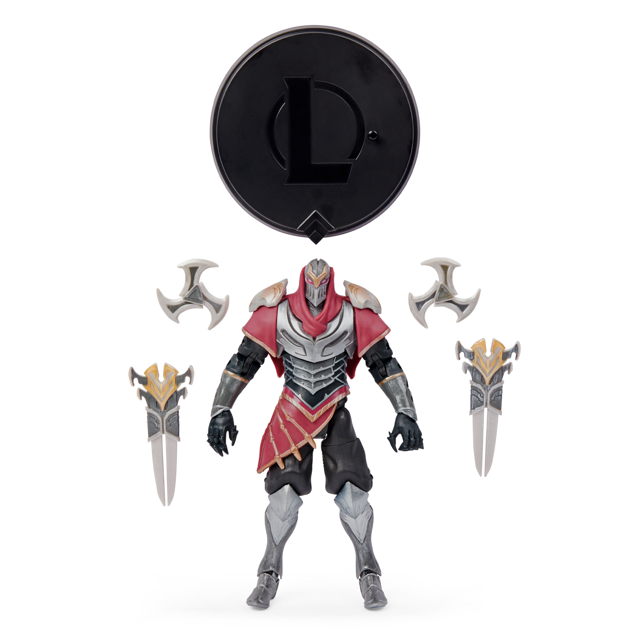 Actionfigur eines rot-silbernen Kriegers, mit mehreren Waffen und einem schwarzen Logo-Ständer.