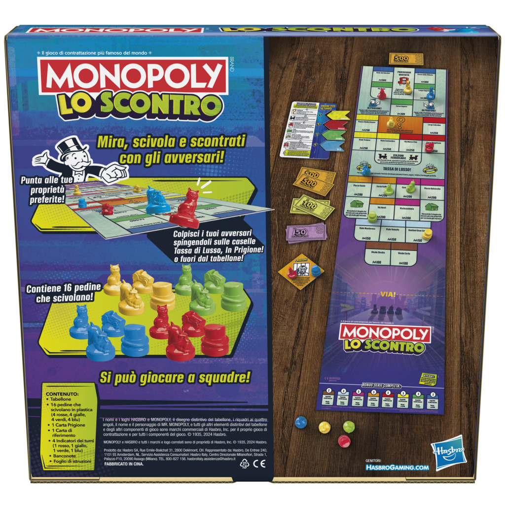 Monopoly-Brettspielbox-Rückseite, mit italienischem Text und Spielbrett-Visuals.