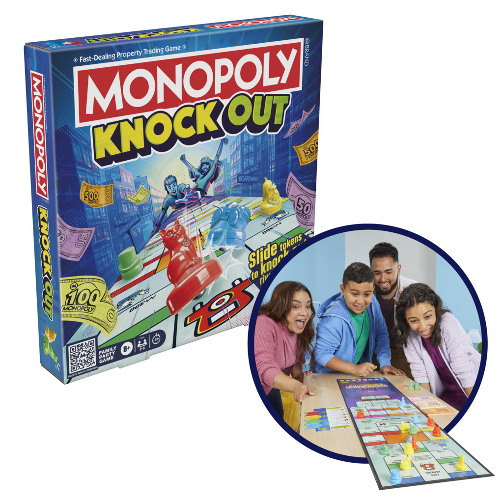 Monopoly Knockout Spielbox und eine Familie, die das Spiel spielt, auf weißem Grund.