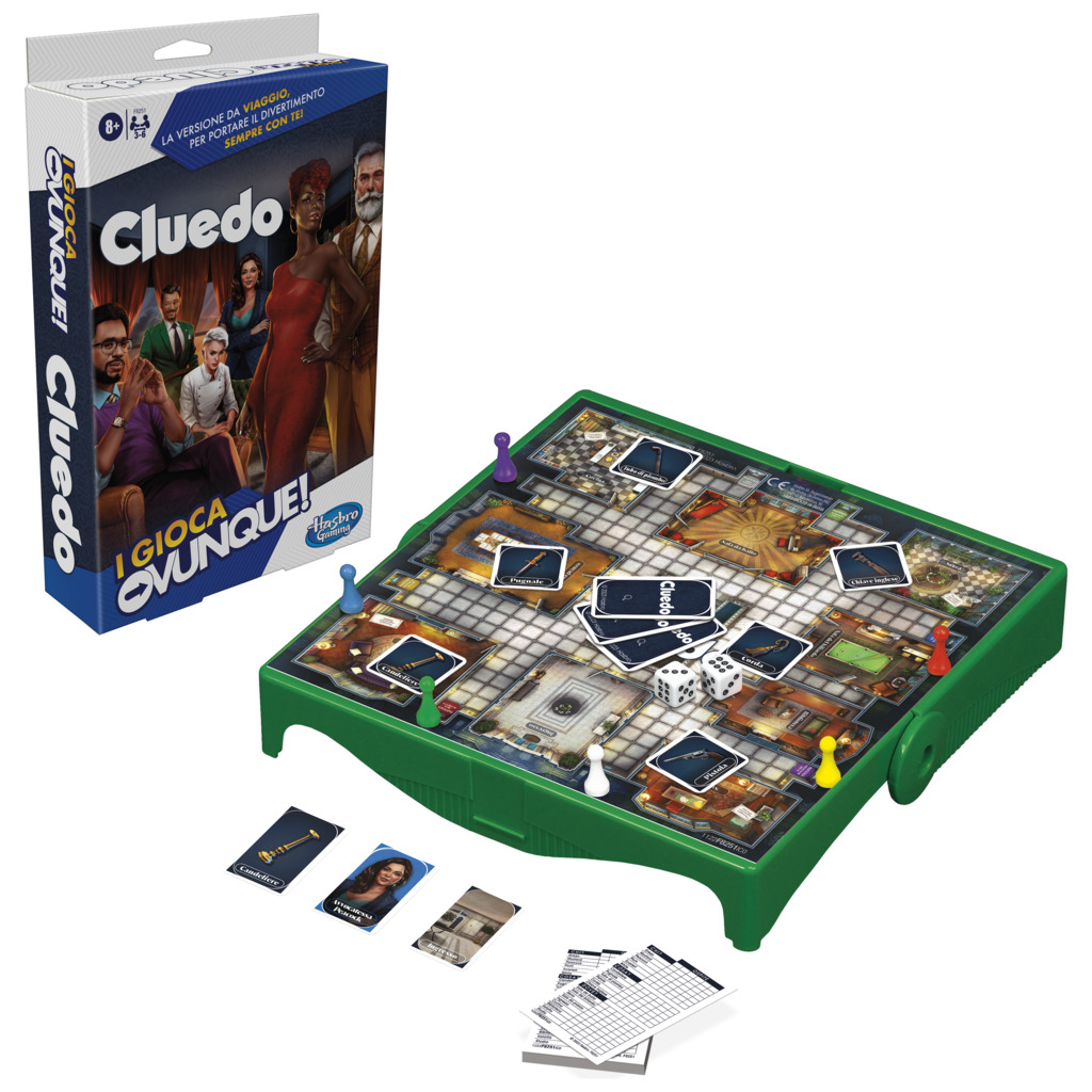 Cluedo-Brettspielbox und Spielbrett. Verschiedene Spielsteine, darunter Karten und Würfel. Weißer Hintergrund.