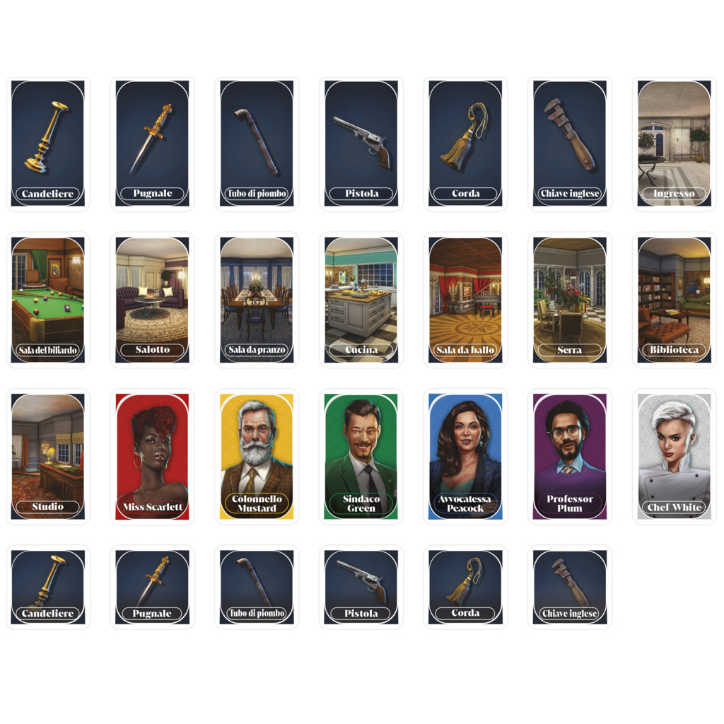 Cluedo-Spielkarten mit Waffen, Räumen und Charakteren. Karten sind in einem Raster angeordnet, mit Text auf Italienisch.