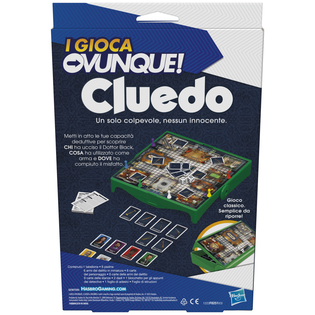 Cluedo-Brettspielbox. Die Box ist grün, mit einem sichtbaren Spielbrett. Text beschreibt das Spiel und seine Elemente.