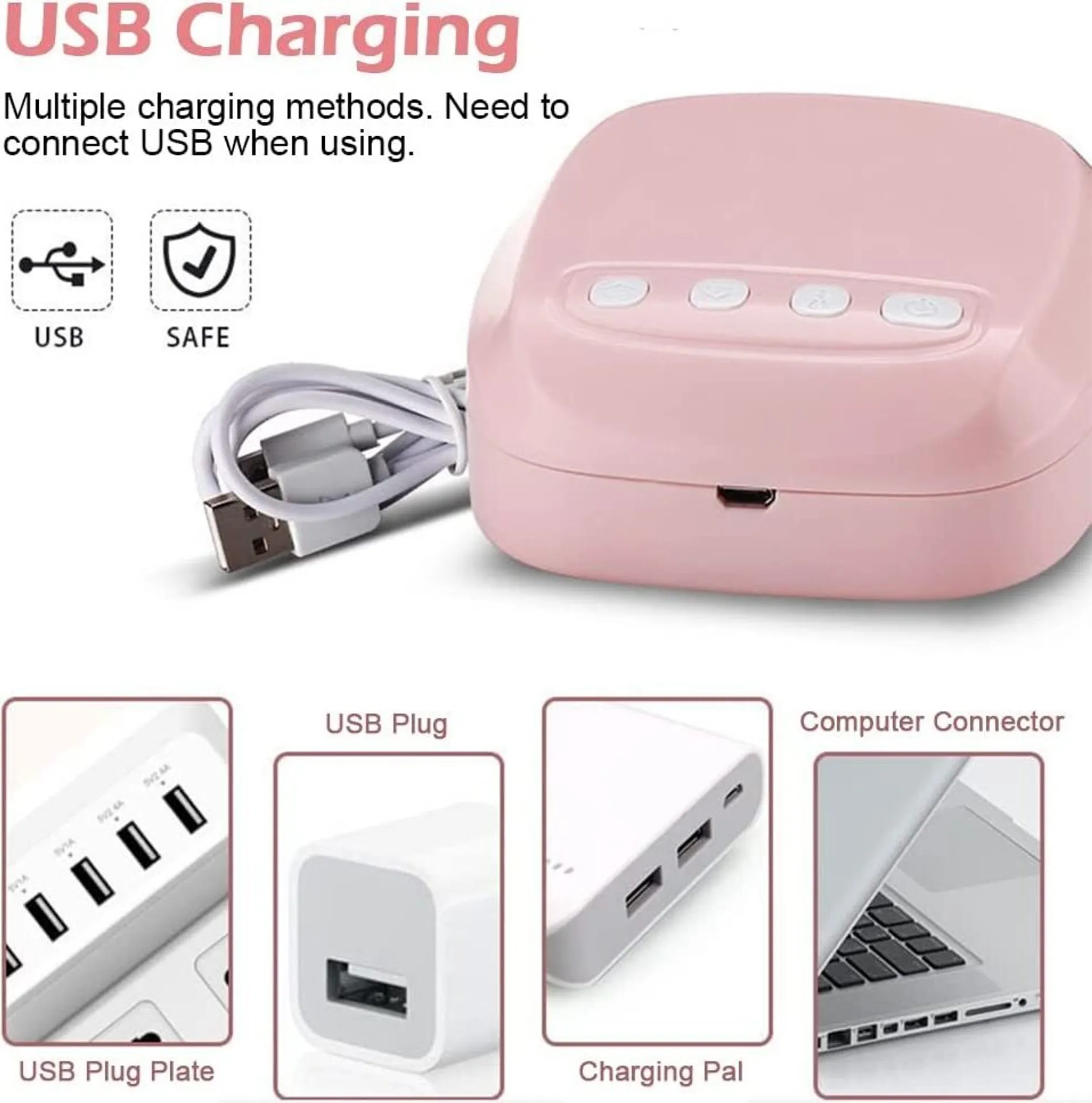 Rosa Ladegerät mit USB-Anschlüssen. Enthält USB-Stecker, Ladegerät und Computeranschluss.