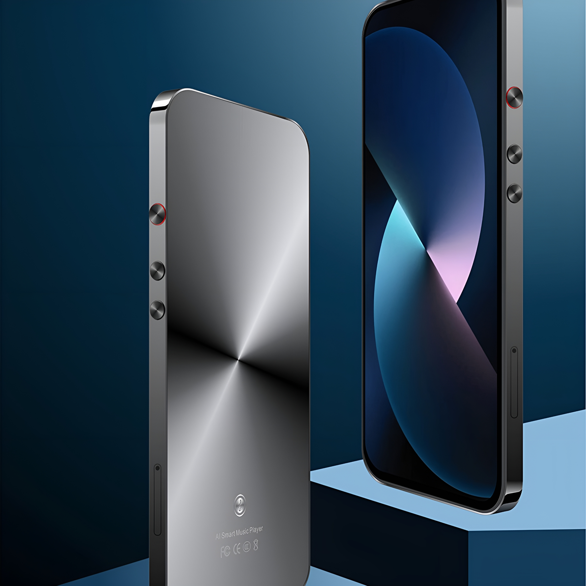 Zwei silberne Smartphones, eines mit Bildschirm, das andere mit Rückseite.