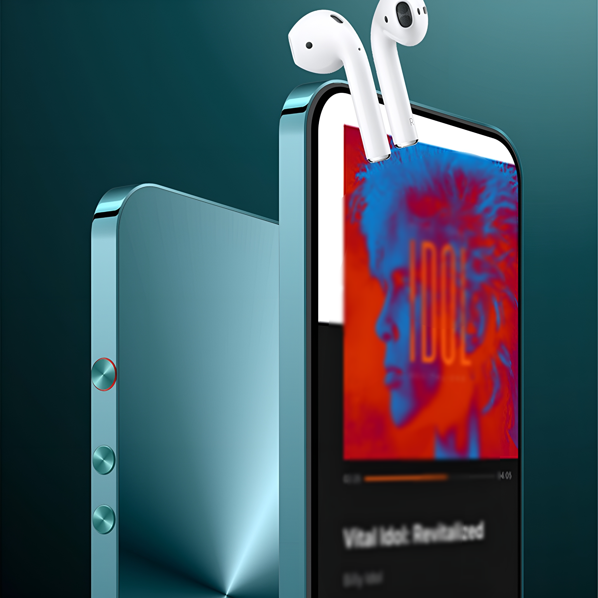 Ein blaues Telefon mit weißen Ohrhörern. Der Bildschirm zeigt eine Musik-App mit farbenfrohem Hintergrund und einem laufenden Titel.