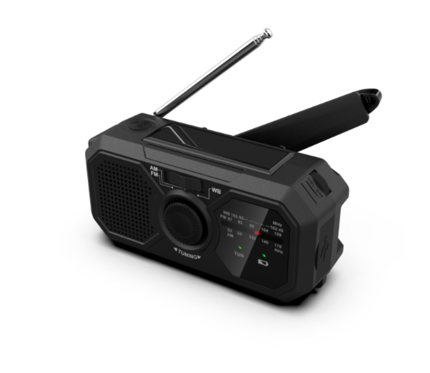 Schwarzes tragbares Radio mit Antenne und Handkurbel. Merkmale: Tuning und Lautstärkeregler.