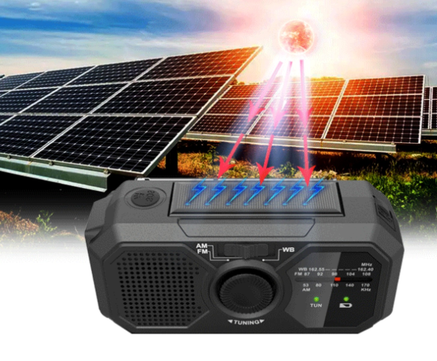 Ein schwarzes Radio mit Sonnenkollektoren im Hintergrund und roten Strahlen, die von oben kommen.
