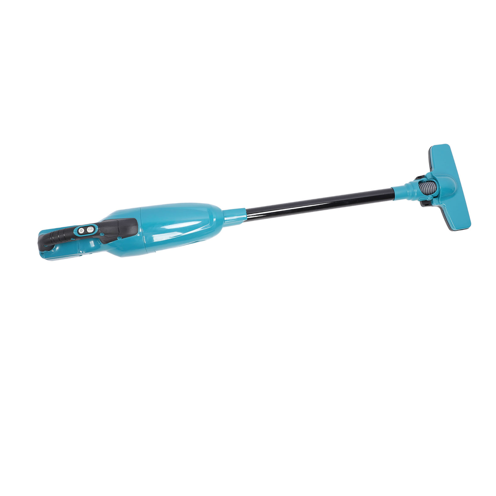 Ein hellblauer kabelloser Staubsauger. Schwarzer Griff und Kopf.