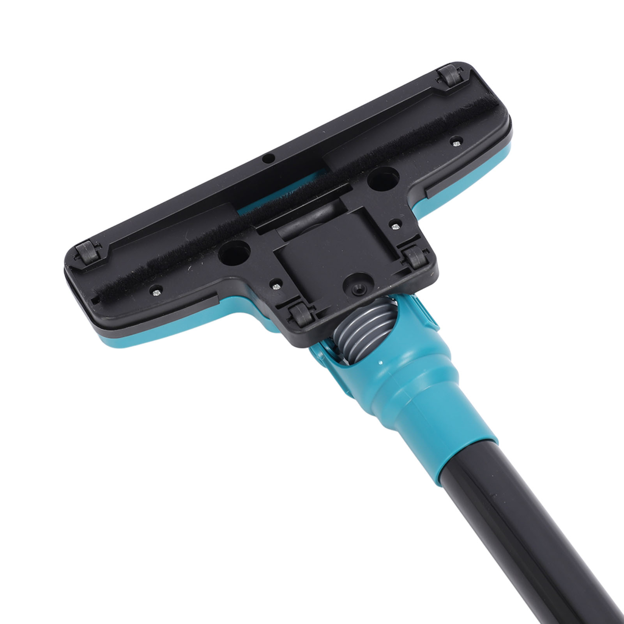 Staubsauger-Bürstenkopf, cyan und schwarz, mit einem Schlauchanschluss.