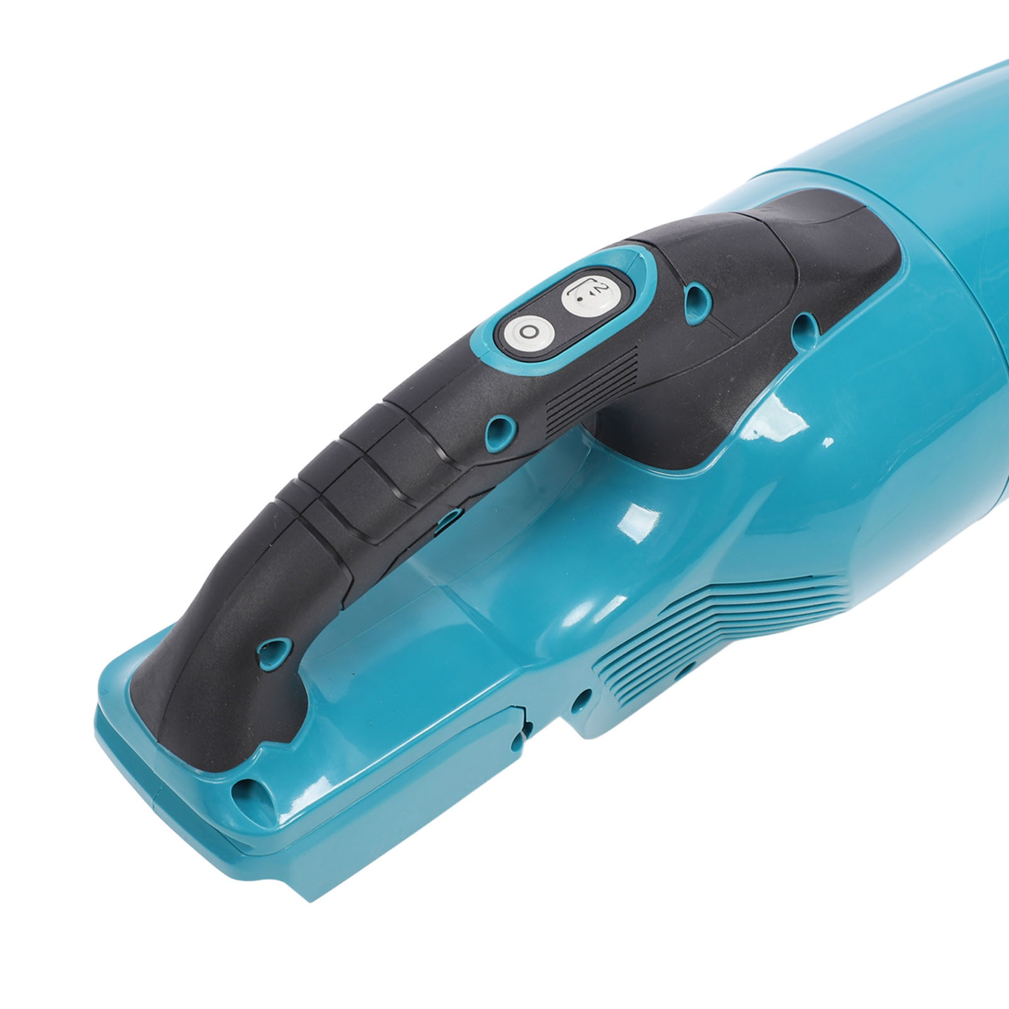 Ein blau-schwarzer Handstaubsauger, Nahaufnahme des Griffs mit Knöpfen.