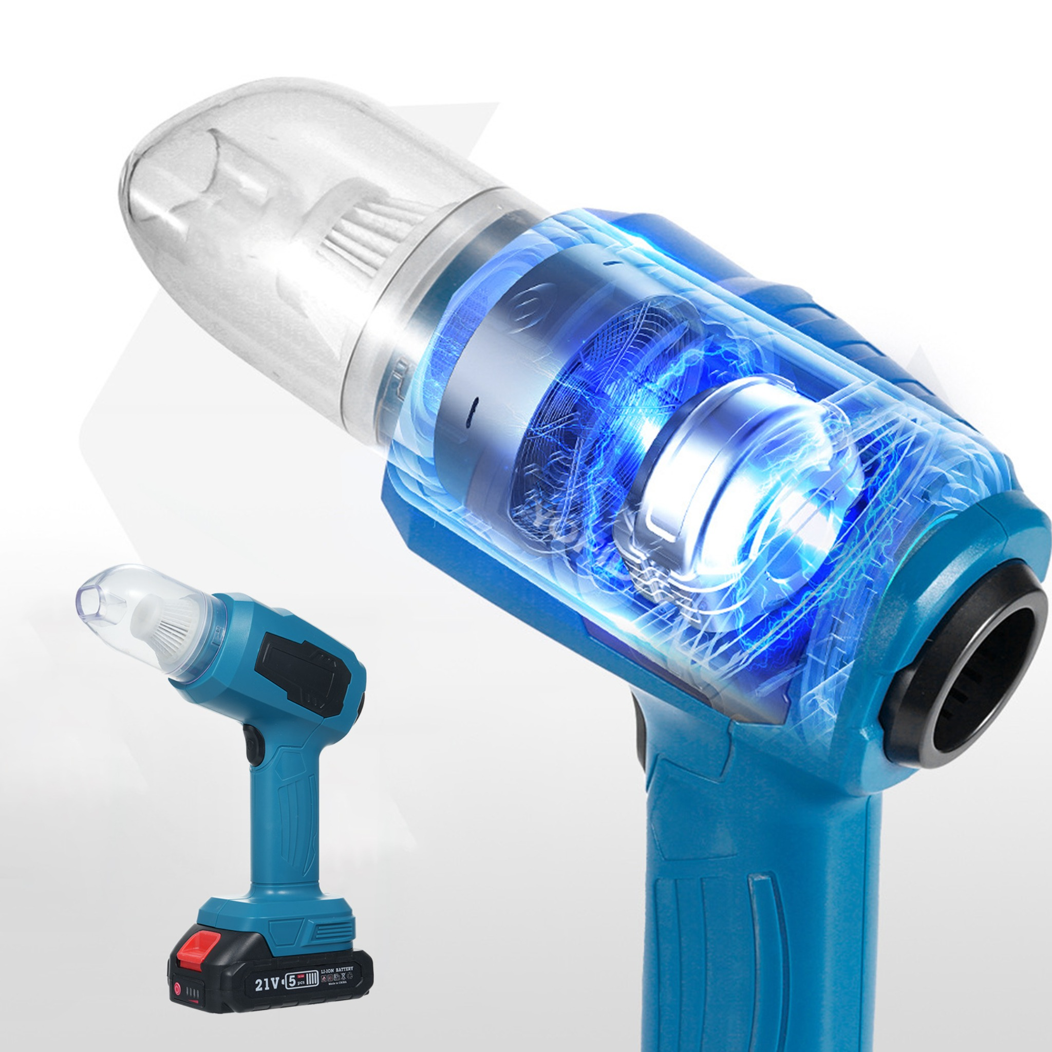 Ein blauer kabelloser Staubsauger mit transparentem Staubbehälter und kleinerer Version.