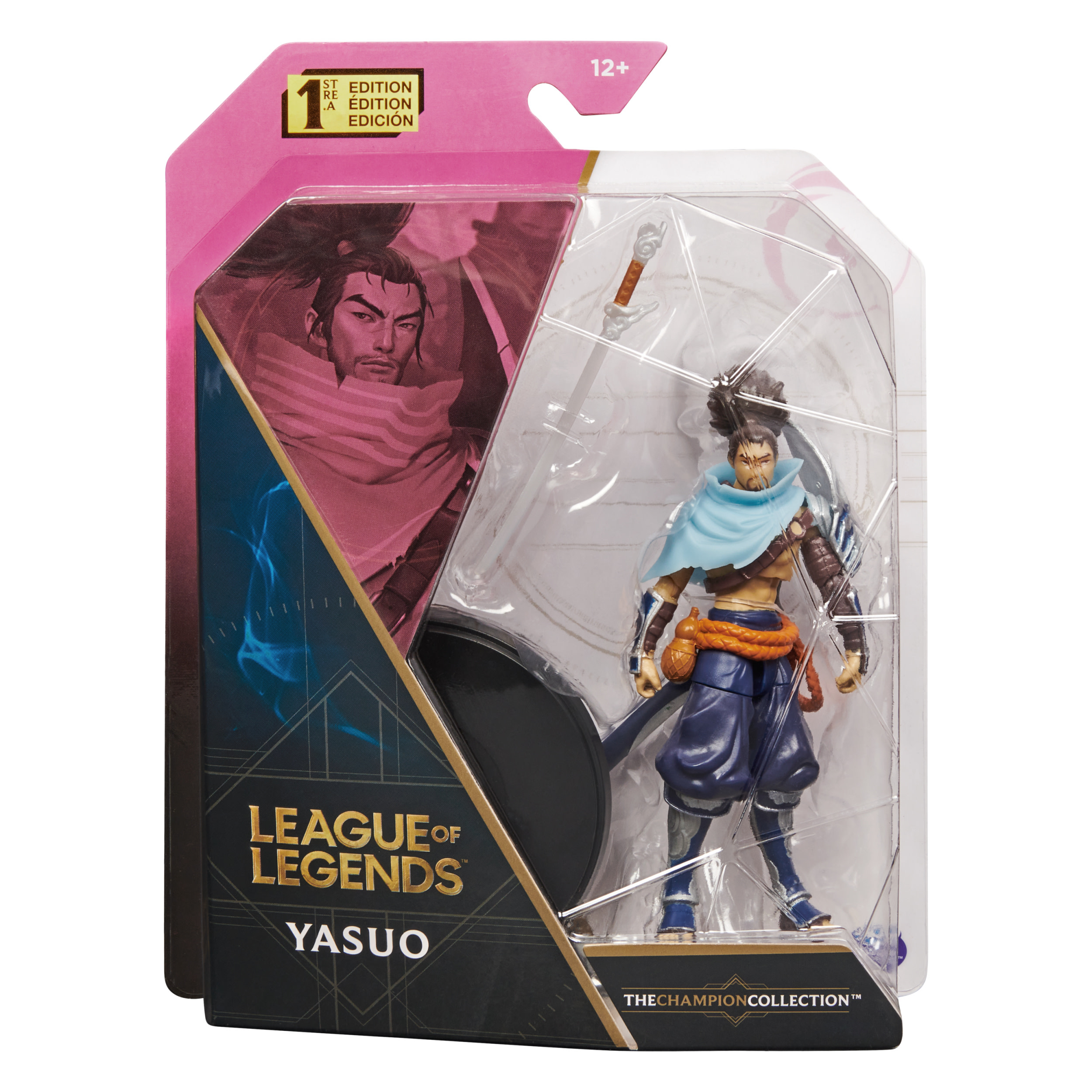 Figura de acción de League of Legends Yasuo en caja. La figura tiene una bufanda azul y una espada.