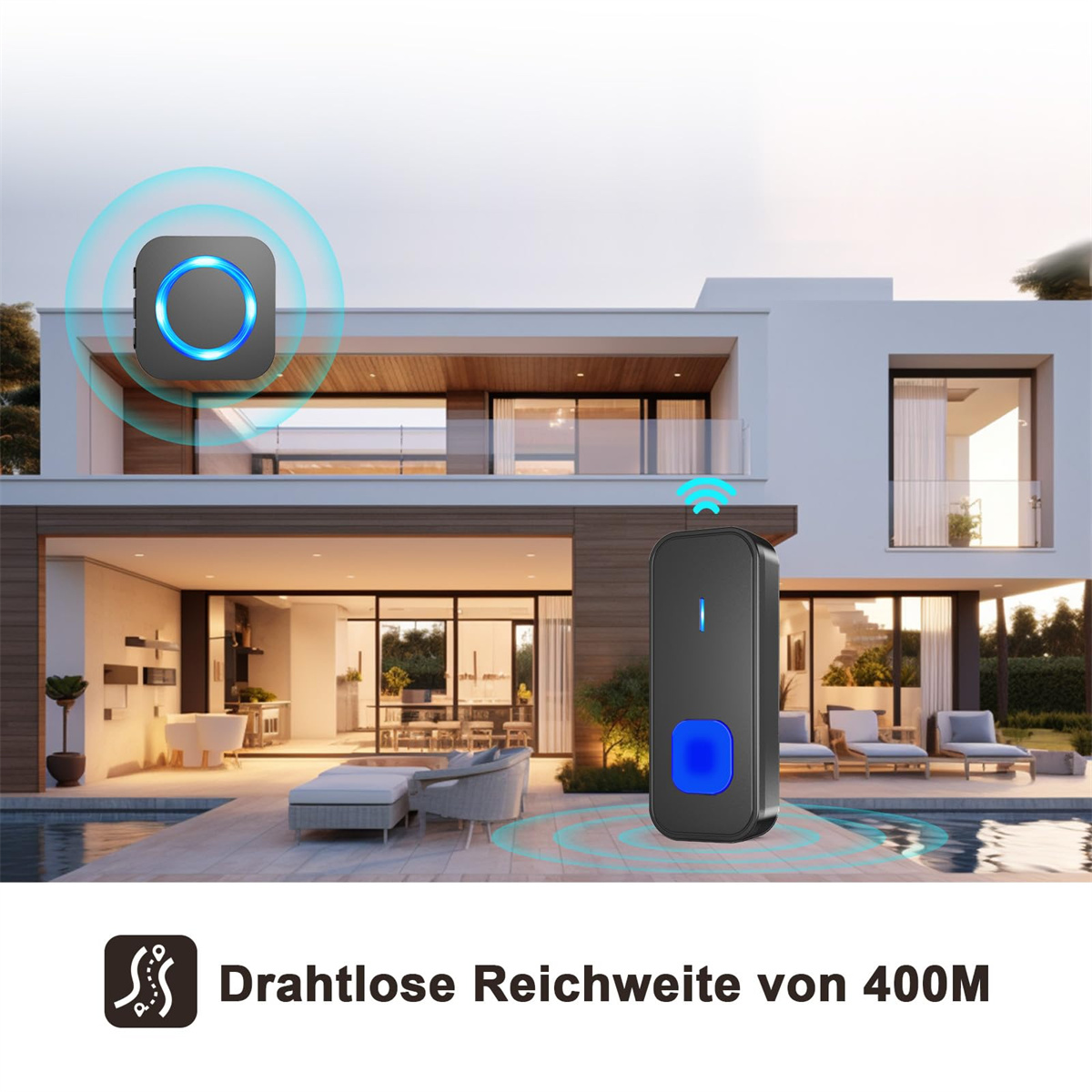 Ein schwarzes und graues kabelloses Türklingelset mit einem modernen Haus im Hintergrund.