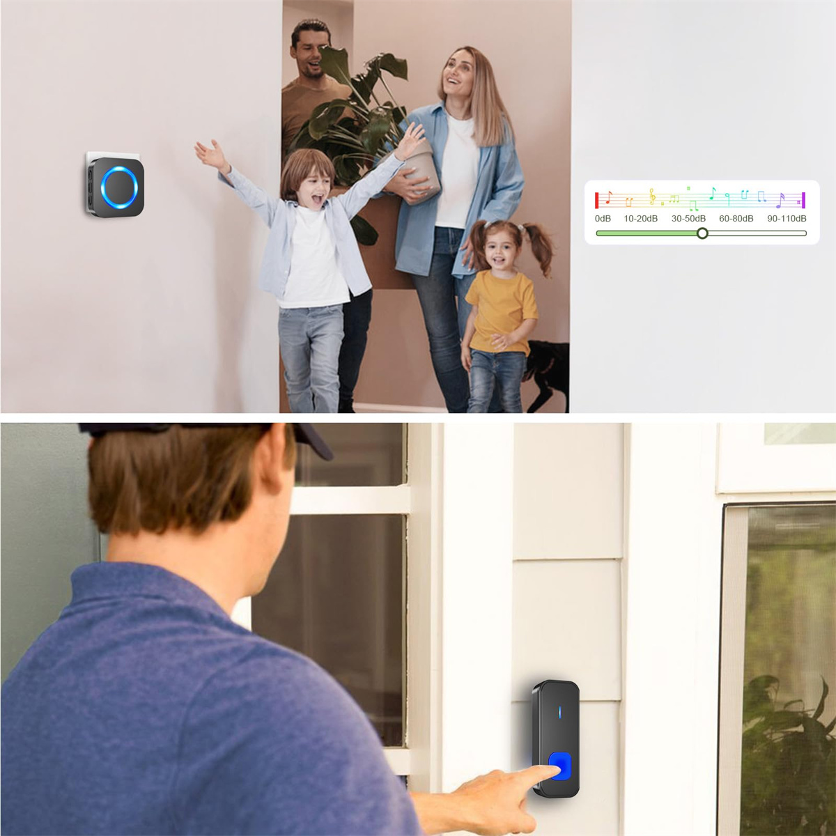 Eine Familie steht an der Tür. Eine Türklingel ist montiert. Ein Mann drückt den Knopf.