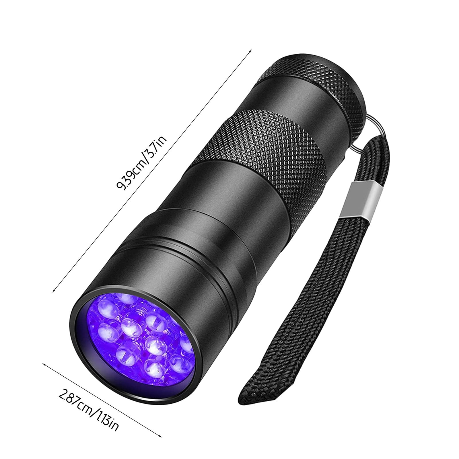 Schwarze UV-Taschenlampe mit sichtbaren LEDs. Maße in cm und Zoll sind angegeben.