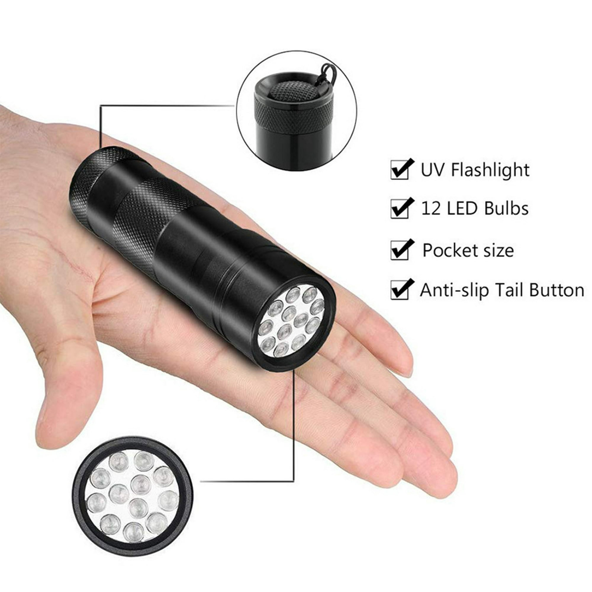 Eine schwarze UV-Taschenlampe mit 12 LED-Lampen und Funktionen wie Taschengröße.