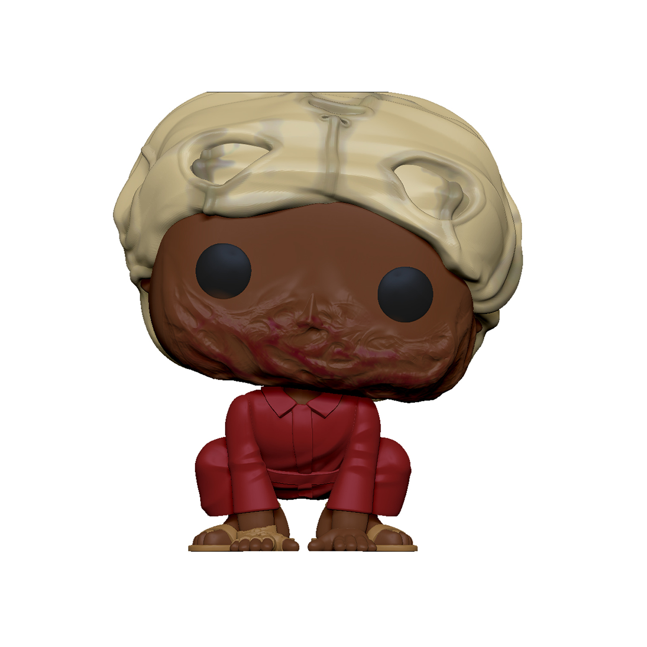 Una figura Funko Pop de un personaje de la película Us, con un mono rojo.