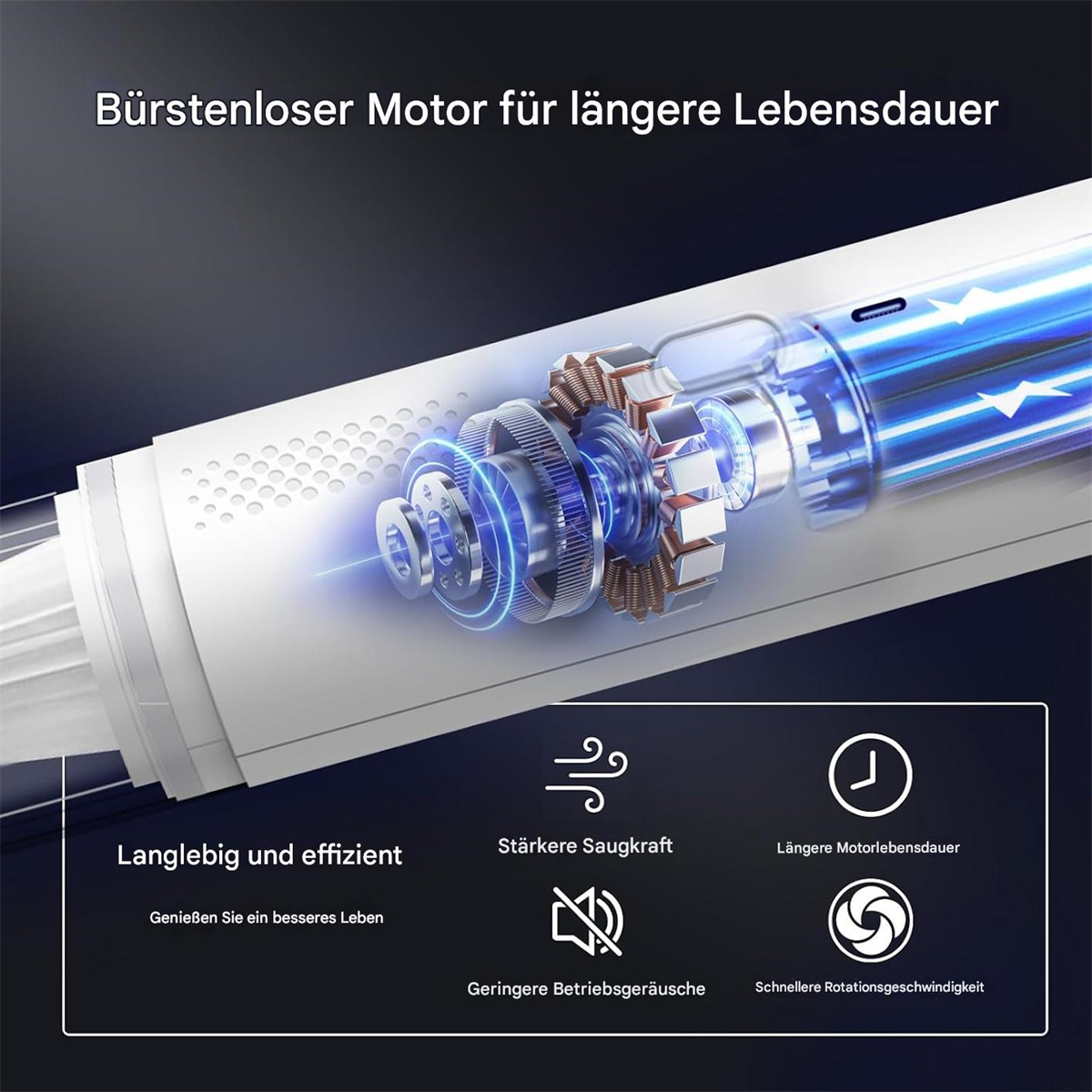 Nahaufnahme eines Staubsaugermotors. Text beschreibt Haltbarkeit, Saugkraft und leisen Betrieb.