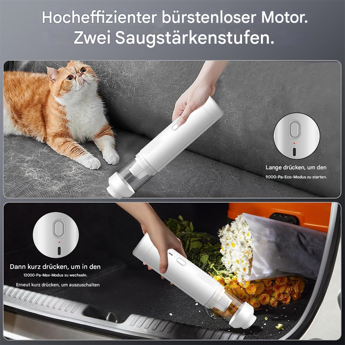 Eine Frau benutzt einen Staubsauger. Eine Katze ist in der Nähe. Ein weiterer Schuss zeigt das Auto.