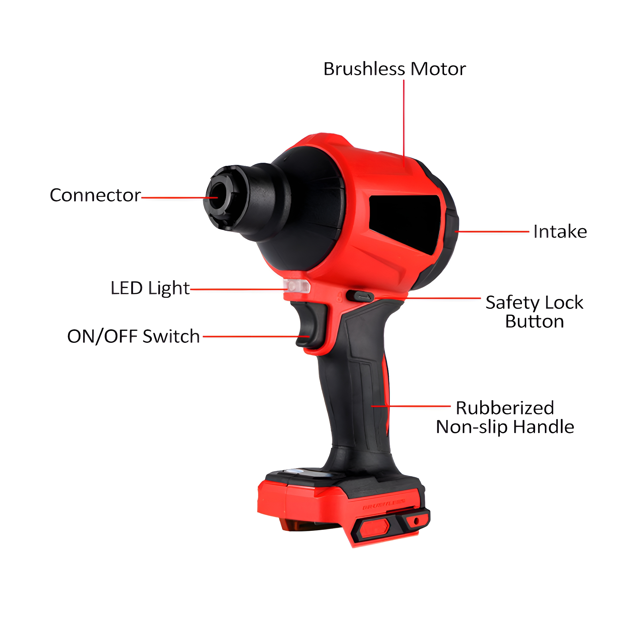 Rotes kabelloses Elektrowerkzeug mit schwarzen Akzenten. Mit beschrifteten Teilen wie LED-Licht und Schalter.