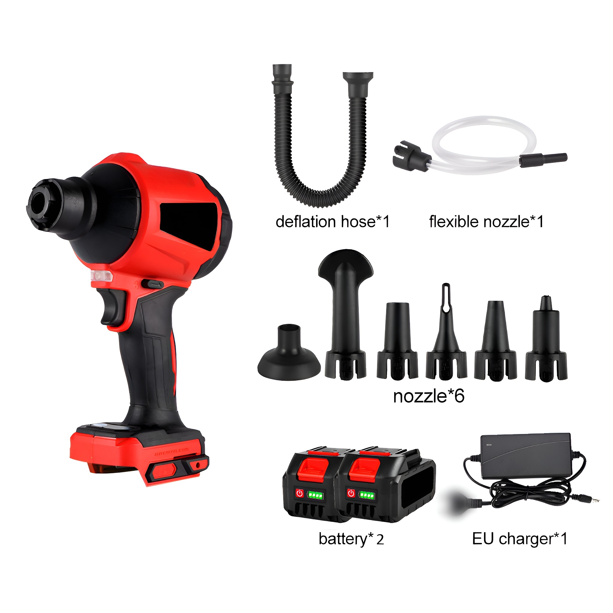 Ein rotes und schwarzes kabelloses Elektrowerkzeug-Set mit verschiedenen Düsen und Batterieteilen.