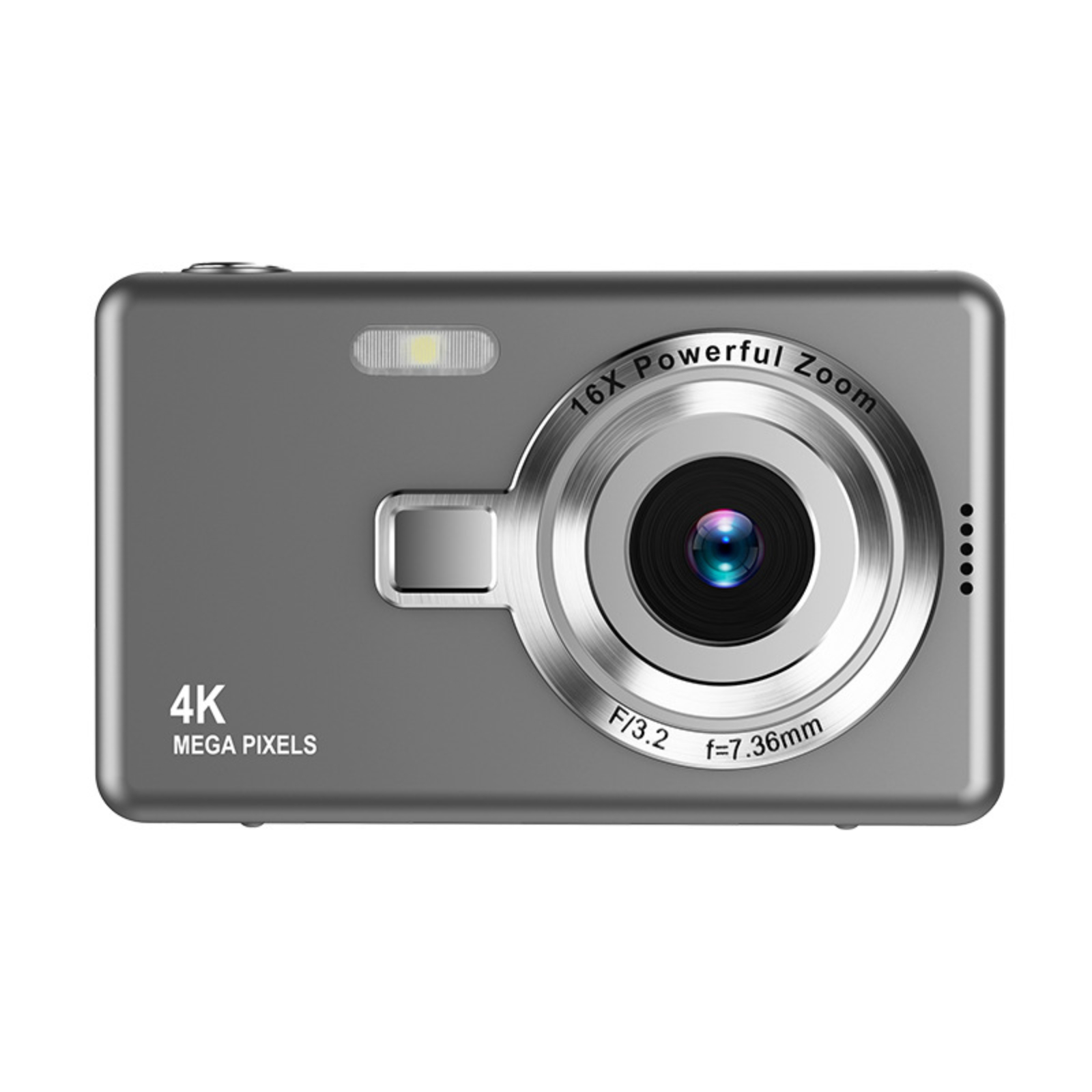 Eine graue 4K-Digitalkamera mit Objektiv und Bildschirm.