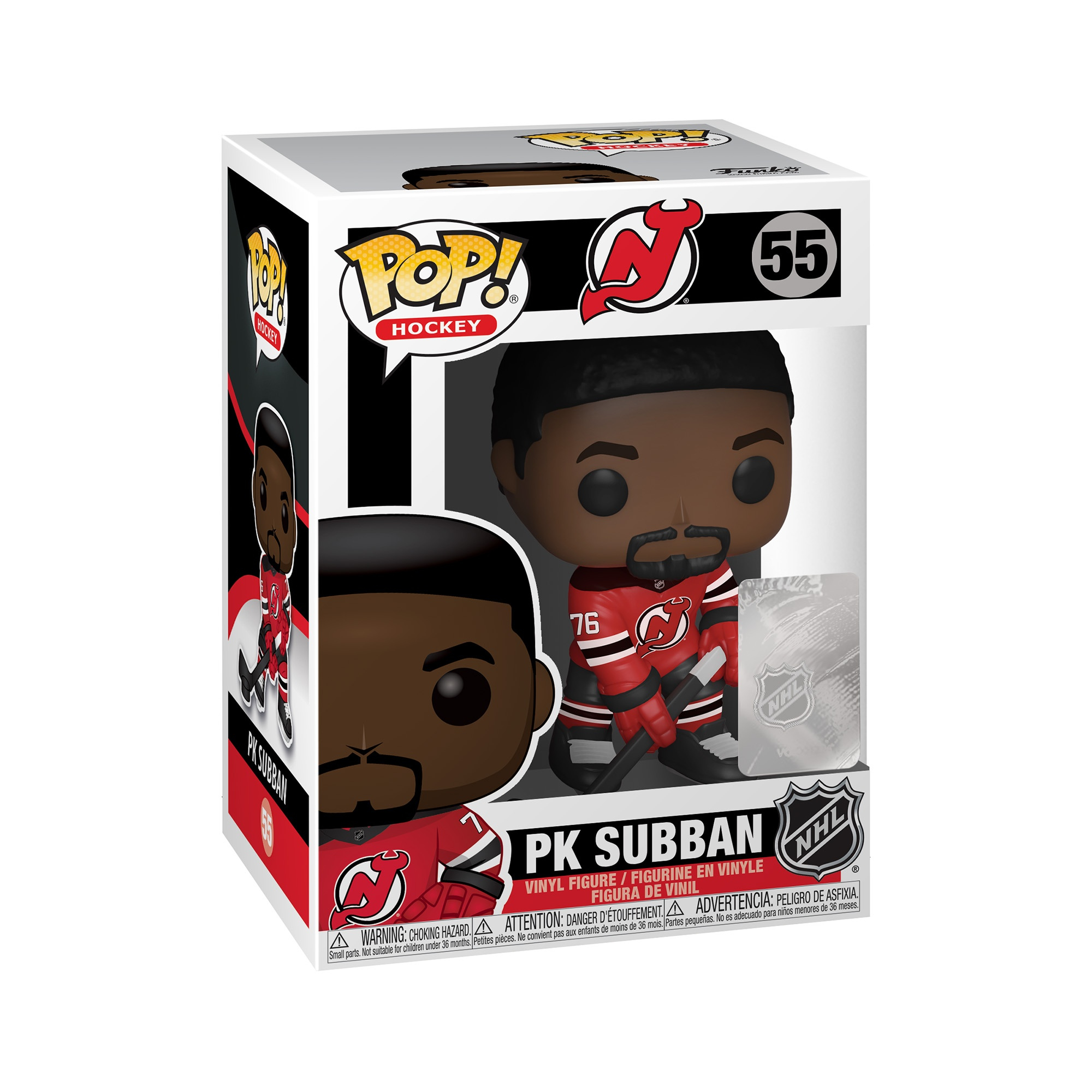 Eine PK Subban Funko Pop Figur in einer Box, die ein Devils-Hockey-Trikot trägt.