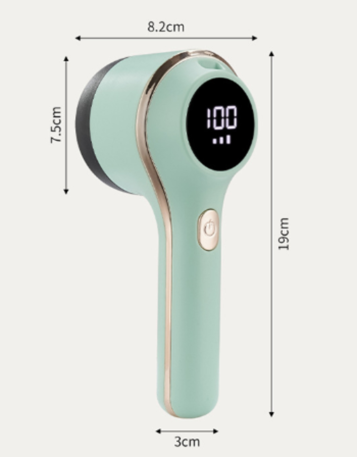 Ein mintgrüner Stoffrasierer mit Digitalanzeige. Er ist 19 cm hoch und hat einen Griff und einen runden Kopf.