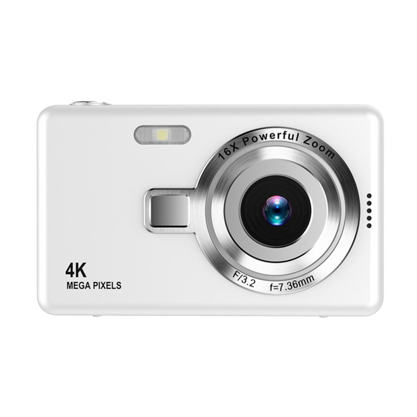 Weiße Digitalkamera. 16x Zoom, 4K, mit Objektiv und Blitz.